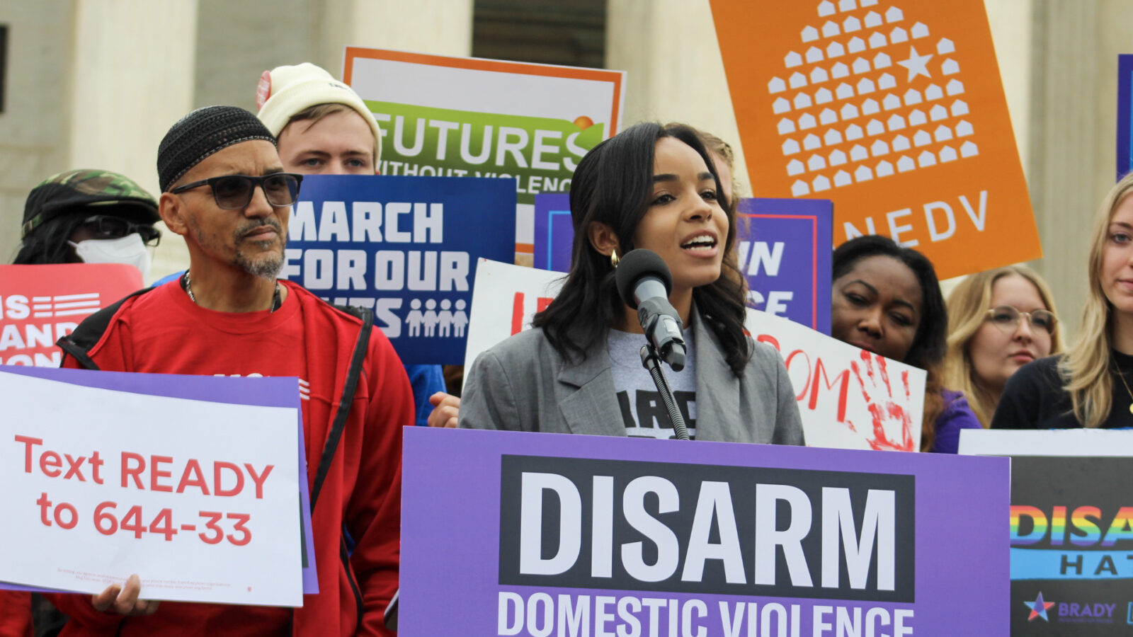 Legal Associate Makennan McBryde speaks at a rally outside the Supreme Court on US v. Rahimi.