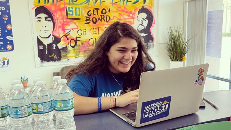 Ray Anid works on her laptop in the Team Frost office.